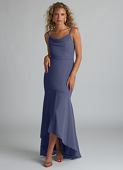 Azazie Summer Bridesmaid Dresses Stormy Mermaid Scoop Cowl Chiffon Dress image1