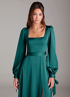 Azazie Leonia Bridesmaid Dresses Peacock A-Line Long Sleeve Stretch Satin Dress image6