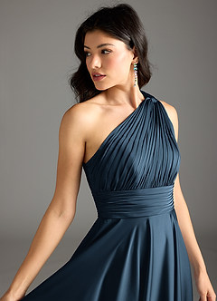 Azazie Charlize Jurken voor bruidsmeisjes Jurk van Stretch Satijn met A-lijn One-shoulder Donkere Marine image7