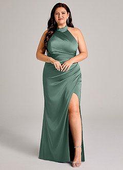 Azazie Jemma Bridesmaid Dresses Eucalyptus Sheath Pleated Stretch Satin Dress image7