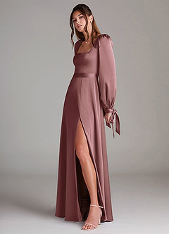 Azazie Leonia Bridesmaid Dresses Vintage Mauve A-Line Long Sleeve Stretch Satin Dress image5