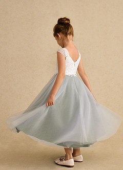 Azazie Momo Flower Girl Dresses Ivory Pistachio A-Line Lace Dress image4