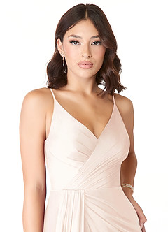 Azazie Evalin Vestidos de damas de honor Vestido de Rosa Rubor de Malla de Corte en A con Cuello en V Plisado image5