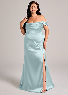 Azazie Saige Bridesmaid Dresses Mist Sheath Off the Shoulder Metallic Satin Convertible Dress image11