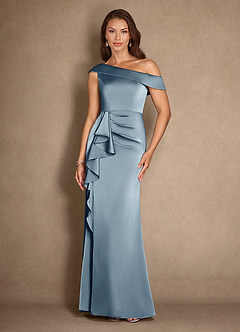 Azazie Hamptons Mother of the Bride Dresses Dusty Blue A-Line Pleated Stretch Satin Dress image1