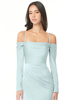 Azazie Hallie Bridesmaid Dresses Sea Glass Sheath Off-The-Shoulder Long Sleeve Stretch Satin Convertible Dress image2