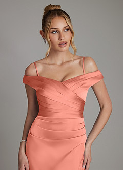 Azazie Teyana Bridesmaid Dresses Salmon Pink Sheath Off the Shoulder Stretch Satin Dress image3