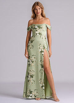 Azazie Saige Bridesmaid Dresses Floral Vines Sheath Off the Shoulder Stretch Satin Dress image3
