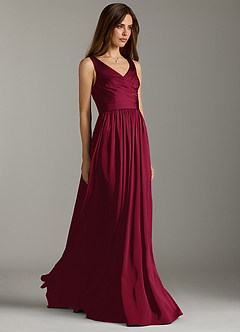 Azazie Keyla Bridesmaid Dresses Burgundy A-Line Pleated Stretch Satin Dress image1