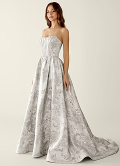 Allegra Silver Floral Jacquard A-line Prom Dress image3