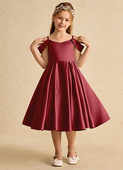 Azazie Favia Flower Girl Dresses Pomegranate A-Line Off the Shoulder Matte Satin Dress image4