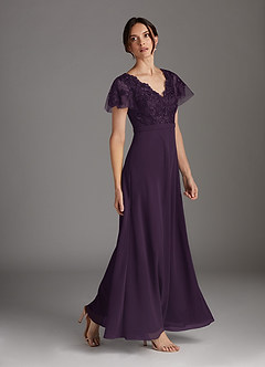 Azazie Singer Mother of the Bride Dresses Plum A-Line V-Neck Lace Chiffon Dress image3