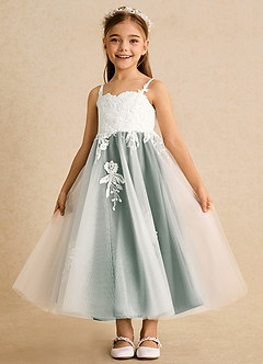 Azazie Coraline Jurken voor bloemenmeisjes A-Lijn Jurk van Kant Ivoor Eucalyptus image4