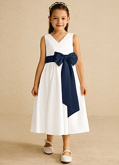 Azazie Darling Flower Girl Dresses Ivory Dark Navy A-Line Bow Cotton Dress image4