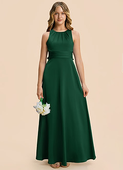 Azazie Christina Junior Vestido Verde Oscuro de Satén Elástico de Corte en A con Drapeado image3