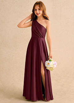 Azazie Puddles Girls Formal Robe Demoiselle D'honneur Fillette Robe Trapèze en Satin extensible Une épaule Cabernet image3