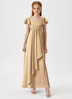 Azazie Omari Junior Champagne A-Line Pleated Stretch Satin Dress image4