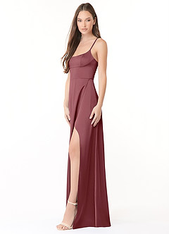 Azazie Halsey Bridesmaid Dresses Desert Rose Sheath Side Slit Stretch Satin Dress image4