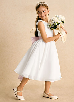 Azazie Dani Flower Girl Dresses Ivory Blushing Pink A-Line Bow Chiffon Dress image3