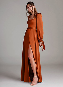 Azazie Leonia Bridesmaid Dresses Burnt Orange A-Line Long Sleeve Stretch Satin Dress image5