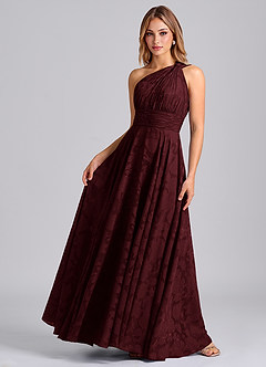 Azazie Charlize Bridesmaid Dresses Cabernet A-Line One Shoulder Floral Burnout Dress image4