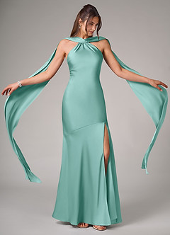 Azazie Kinsley Vestidos de damas de honor Vestido de Aqua de Satén Elástico de Corte Sirena con Corte Lateral image2