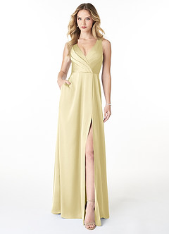 Azazie Nelly Bridesmaid Dresses Lemon Sorbet A-Line V-Neck Pleated Stretch Satin Dress image1