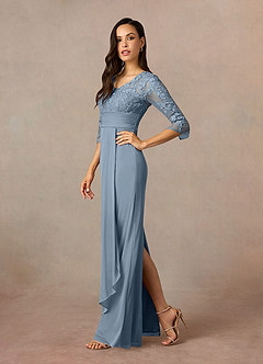 Azazie Poe Mother of the Bride Dresses Dusty Blue Sheath Lace Dress image2