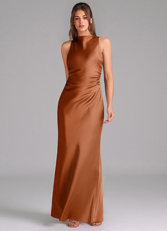 Azazie Evadne Bridesmaid Dresses Copper Sheath Pleated Stretch Satin Dress image3