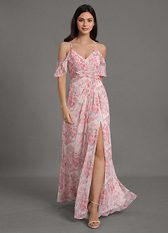 Azazie Dakota Bridesmaid Dresses Abstract Watercolor Floral A-Line V-Neck Pleated Chiffon Dress image2