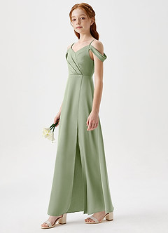Azazie Ocean Junior Dusty Sage A-Line Off the Shoulder Stretch Satin Dress image3