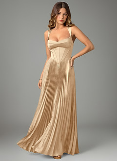Azazie Avenelle Bridesmaid Dresses Champagne A-Line Corset Stretch Satin Dress image1