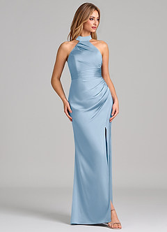 Azazie Karlotta Robes de demoiselle d'honneur Robe Fourreau en Satin extensible Plissée Poudre Bleue image5