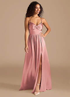 Azazie Zeya Bridesmaid Dresses Dusty Rose A-Line Pleated Metallic Satin Dress image1