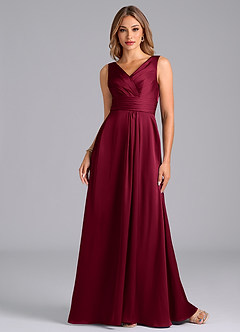 Azazie Karina Bridesmaid Dresses Burgundy A-Line Pleated Stretch Satin Dress image4