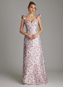 Azazie Adalynn At-home Try On Dresses Gilded Rose A-Line Ruched Brocade Dress image1