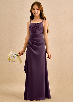 Azazie Cannoli Girls Formal vestidos de niña de las flores Vestido de Ciruela de Satén Elástico de Corte en A con Plisado image4