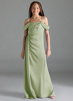 Azazie Amyra Junior Dusty Sage Sheath Off the Shoulder Stretch Satin Dress image1
