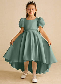 Azazie Zippy Flower Girl Dresses Eucalyptus A-Line with Sleeves Matte Satin Dress image2