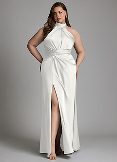 Azazie Gracelynn Vestidos de damas de honor Vestido Blanco de Satén Elástico de Corte Recto con Plisado image12