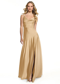 Azazie Kayla Bridesmaid Dresses Gold Sheath Side Slit Stretch Satin Dress image1