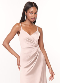 Azazie Maci Brautjungfernkleider A-Linie V-Hals Gefaltet Stretch-Satin Kleid Zartrosa image7