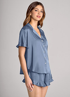 front Matching Color Ruffled Short Sleeve Pajama Set