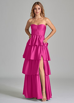 Azazie Faye Bridesmaid Dresses Fuchsia A-Line Ruched Stretch Satin Dress image5