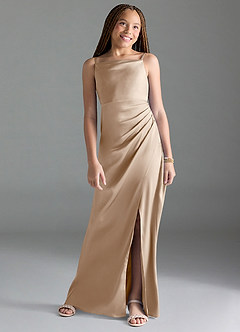Azazie Leonis Junior Taupe A-Line Pleated Stretch Satin Dress image1