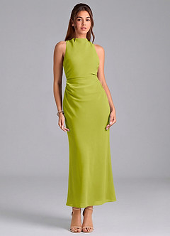 Azazie Evadne Bridesmaid Dresses Lemongrass Sheath Pleated Chiffon Dress image3