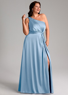 Azazie Brooke Bridesmaid Dresses Powder Blue A-Line One Shoulder Stretch Satin Dress image12