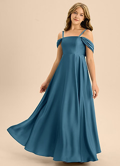 Azazie Rowena Junior A라인 절하다 스트레치 새틴 플로어 길이 주니어 신부 들러리 드레스 image6