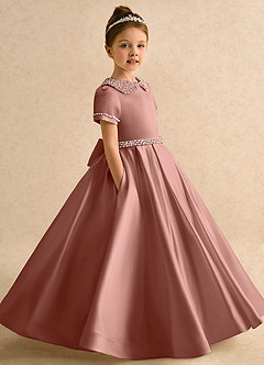 Azazie Gabriella Flower Girl Dresses Cedar Rose Ball-Gown with Sleeves Matte Satin Dress image3