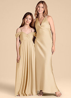 Azazie Kaitlynn Junior Gold A-Line Off the Shoulder Stretch Satin Dress image3